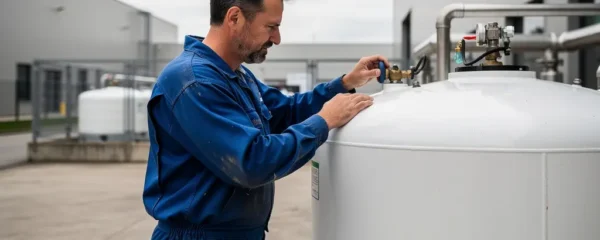 Technicien inspectant une citerne propane sur un site industriel français