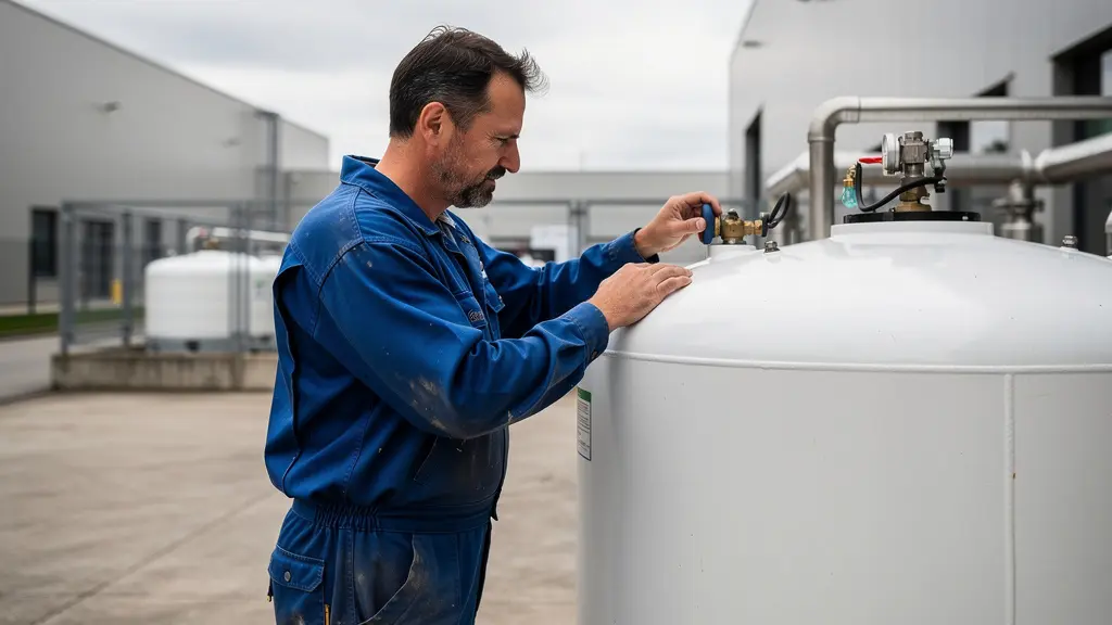 Technicien inspectant une citerne propane sur un site industriel français