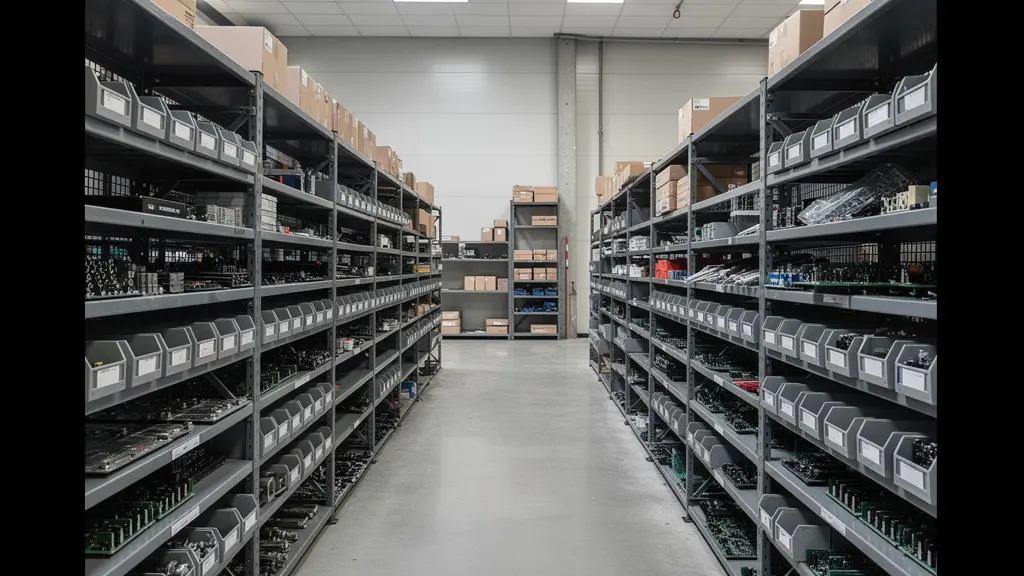 Rayonnage organisé de pièces détachées électroniques pour équipements semiconducteur