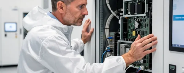 Technicien inspectant un équipement de métrologie KLA en salle blanche semiconducteur