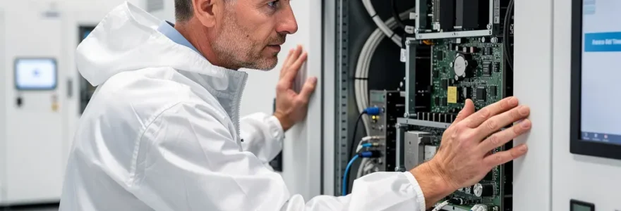 Technicien inspectant un équipement de métrologie KLA en salle blanche semiconducteur