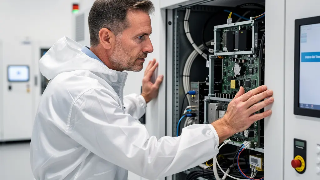 Technicien inspectant un équipement de métrologie KLA en salle blanche semiconducteur