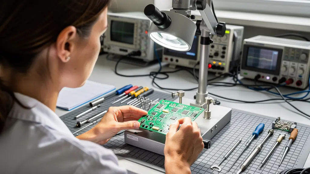 Technicienne vérifiant une carte électronique PCB sur poste de travail technique