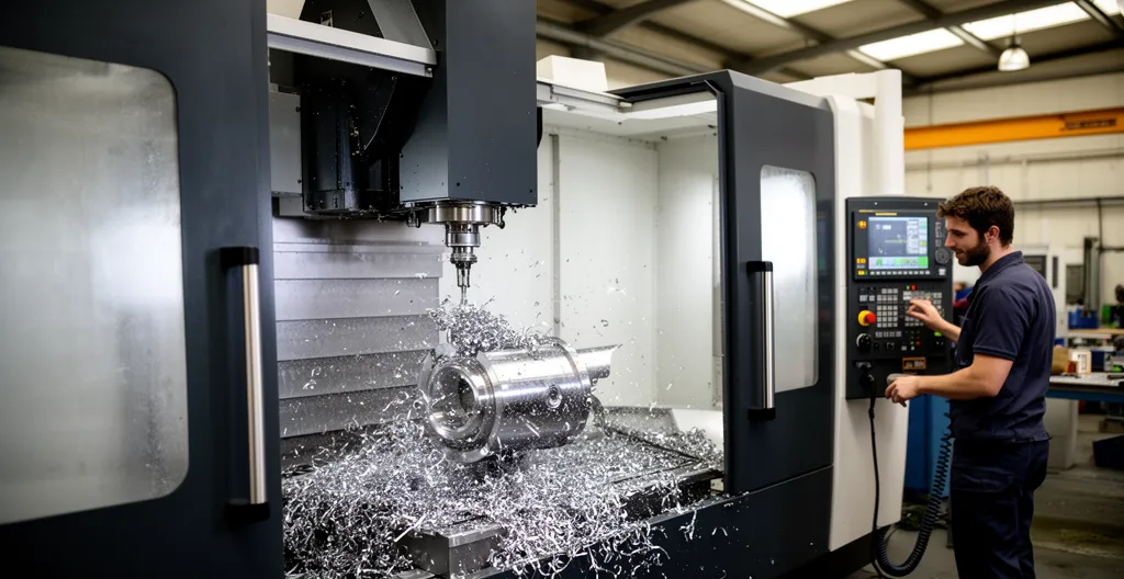 Centre d'usinage CNC 5 axes en fonctionnement dans un atelier de précision