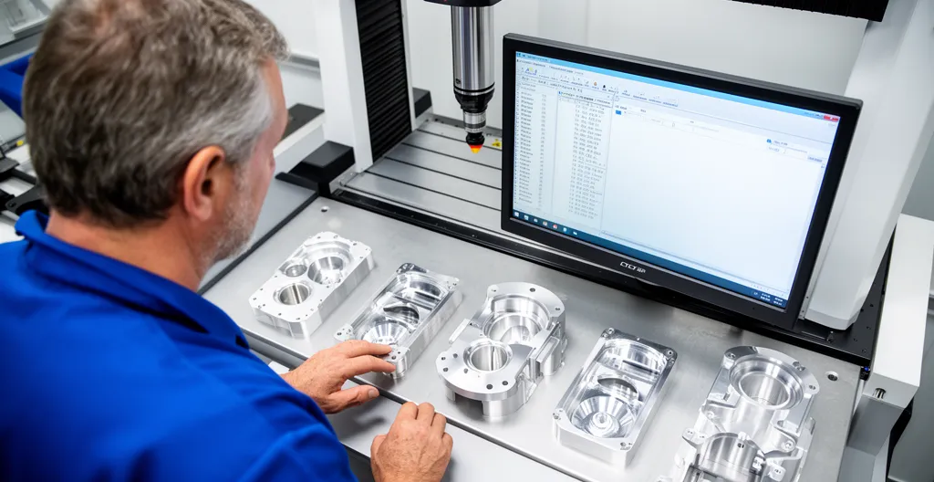 Technicien consultant les résultats de mesure sur machine de contrôle dimensionnel