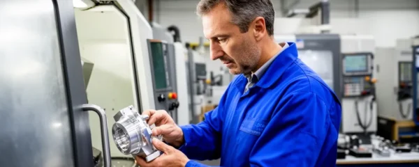 Technicien inspectant une pièce usinée en usinage CNC précis dans un atelier industriel