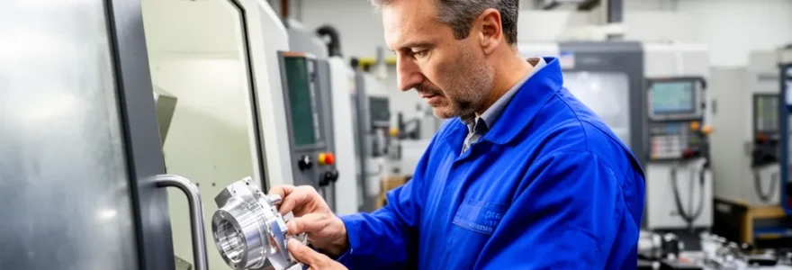 Technicien inspectant une pièce usinée en usinage CNC précis dans un atelier industriel