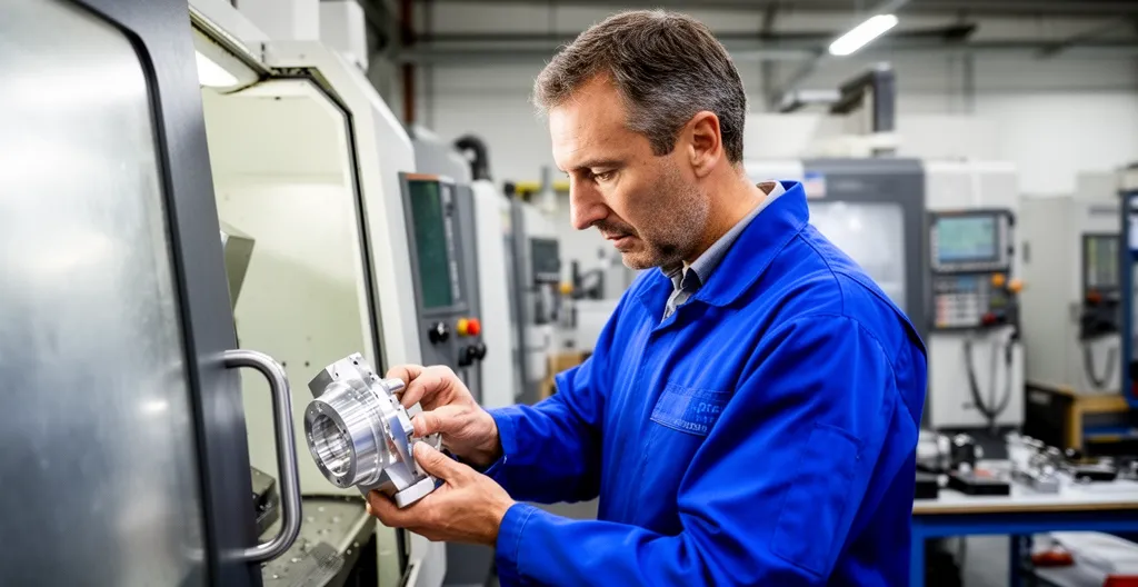 Technicien inspectant une pièce usinée en usinage CNC précis dans un atelier industriel
