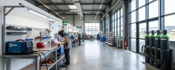 Atelier de soudage industriel lumineux avec poste TIG et bouteille d'argon sur établi, environnement professionnel organisé