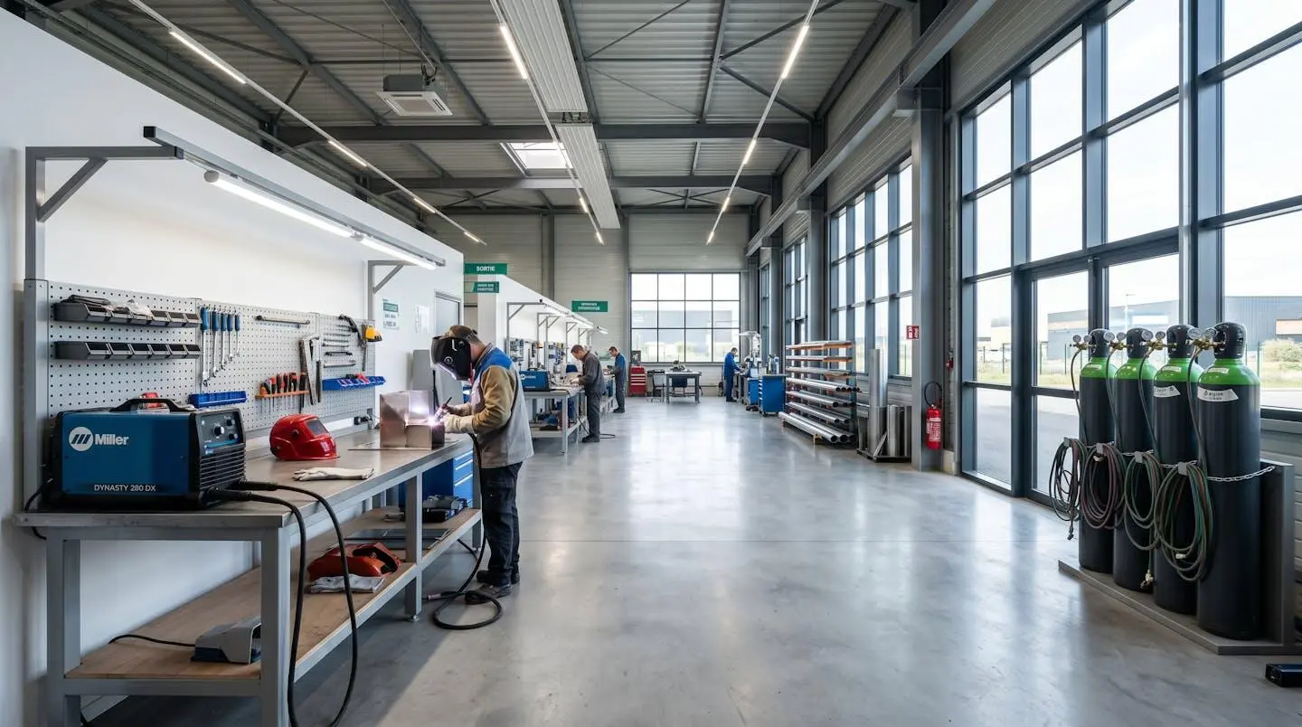 Atelier de soudage industriel lumineux avec poste TIG et bouteille d'argon sur établi, environnement professionnel organisé