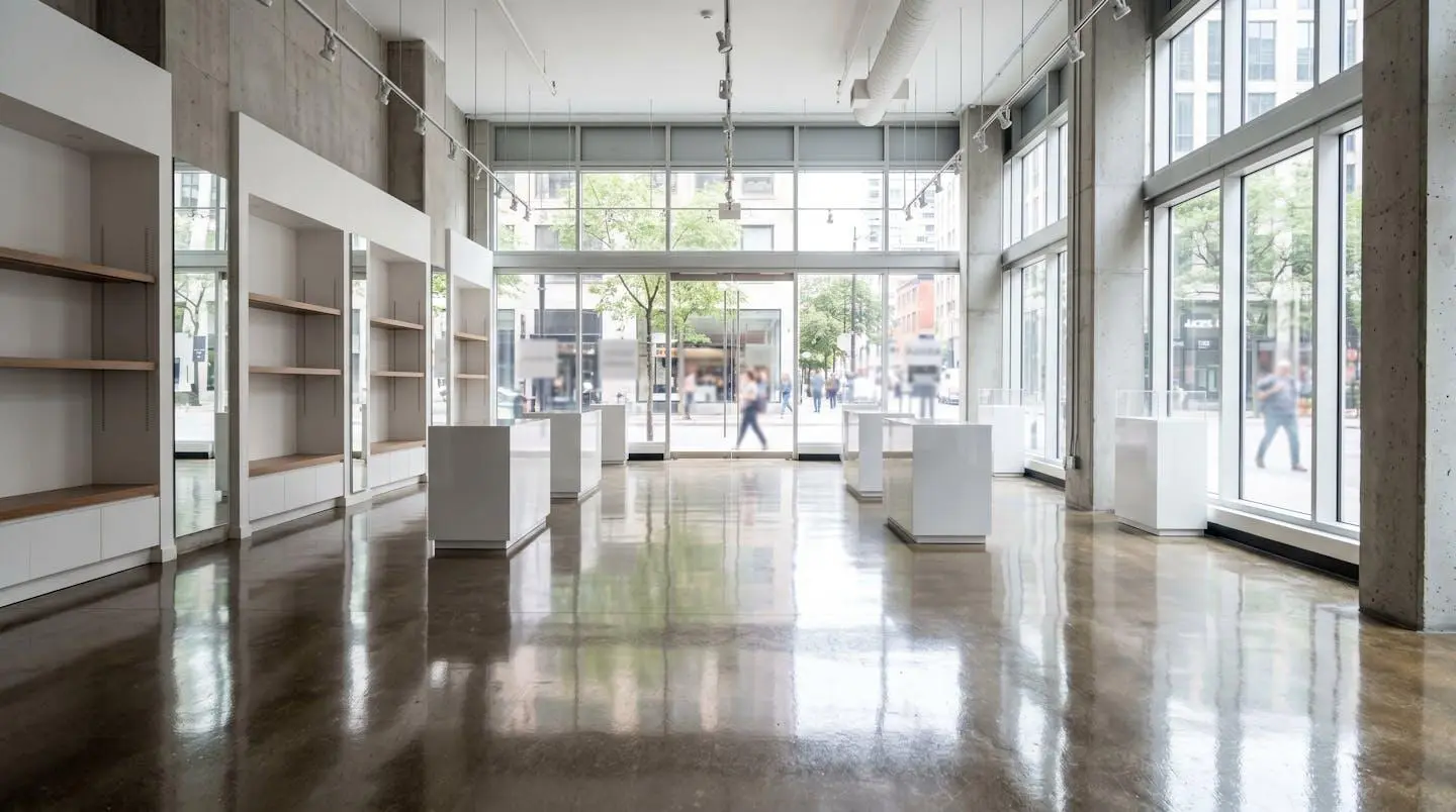 Intérieur d'une boutique commerciale moderne à Montréal avec un plancher époxy réfléchissant la lumière naturelle des vitrines
