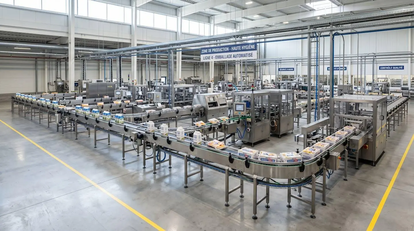 Ligne de convoyage industrielle en fonctionnement dans une usine agroalimentaire moderne et lumineuse, sans personnel visible au premier plan