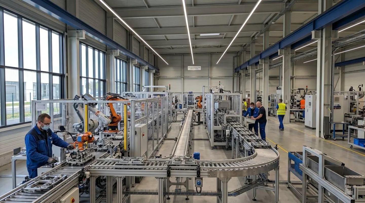 Vue grand angle d'une ligne de production industrielle contemporaine avec convoyeurs et équipements automatisés, éclairage naturel par grandes fenêtres