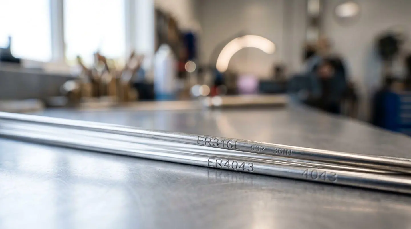 Gros plan sur baguettes de métal d'apport TIG avec marquage visible ER316L ou ER4043 sur surface métallique propre