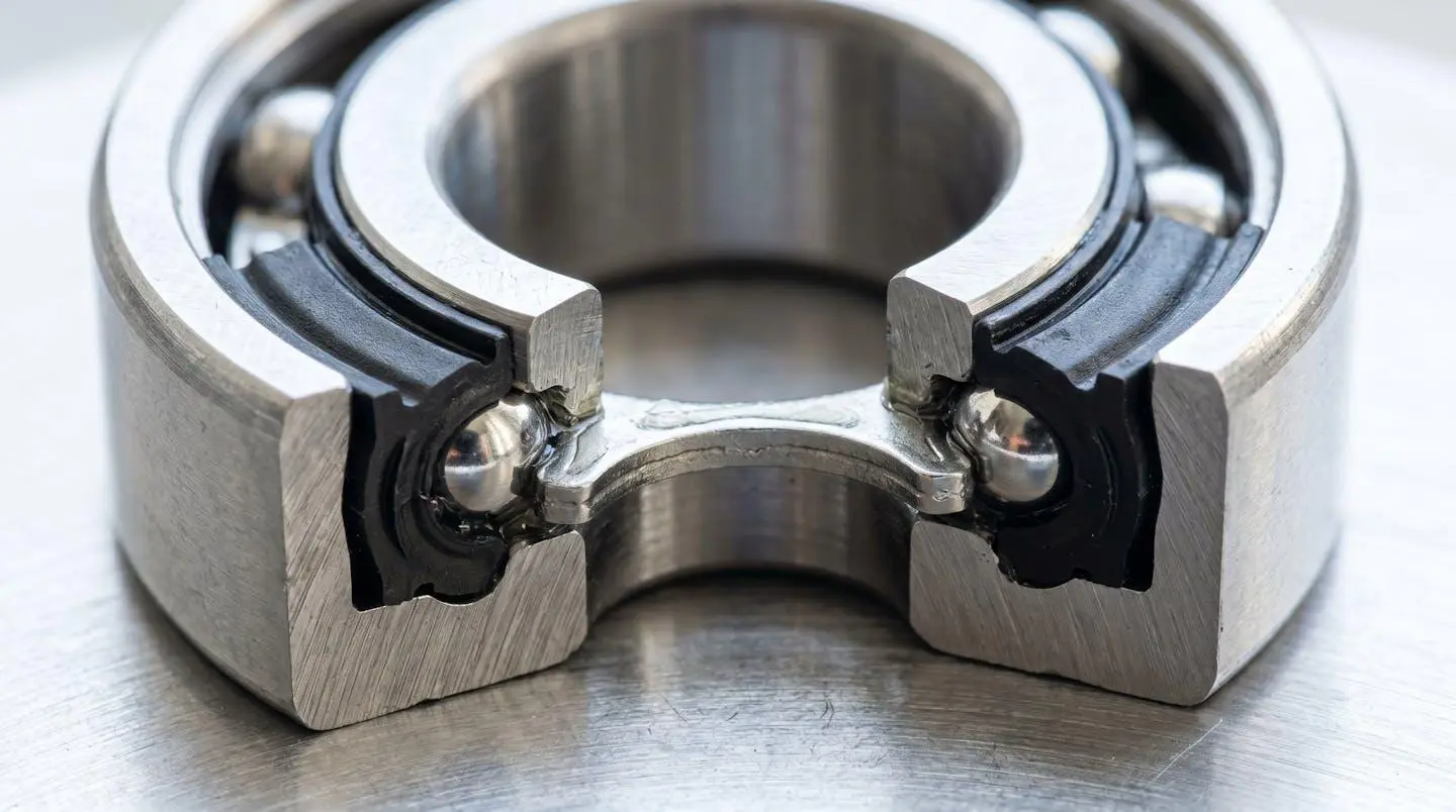 Gros plan extrême sur un joint en caoutchouc d'un roulement à billes étanche, montrant la texture détaillée du matériau et les reflets métalliques de la bague