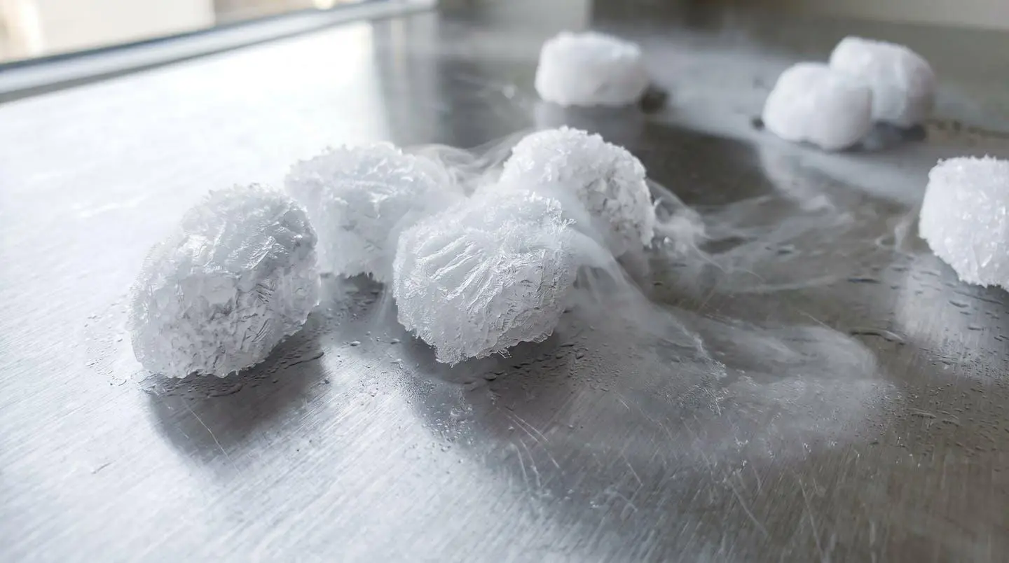 Gros plan macro sur des billes de glace carbonique givrées posées sur une surface métallique propre avec un léger effet de vapeur