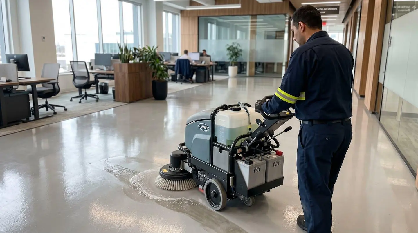 Employé vu de dos utilisant une autolaveuse professionnelle sur un plancher commercial époxy dans un espace commercial lumineux