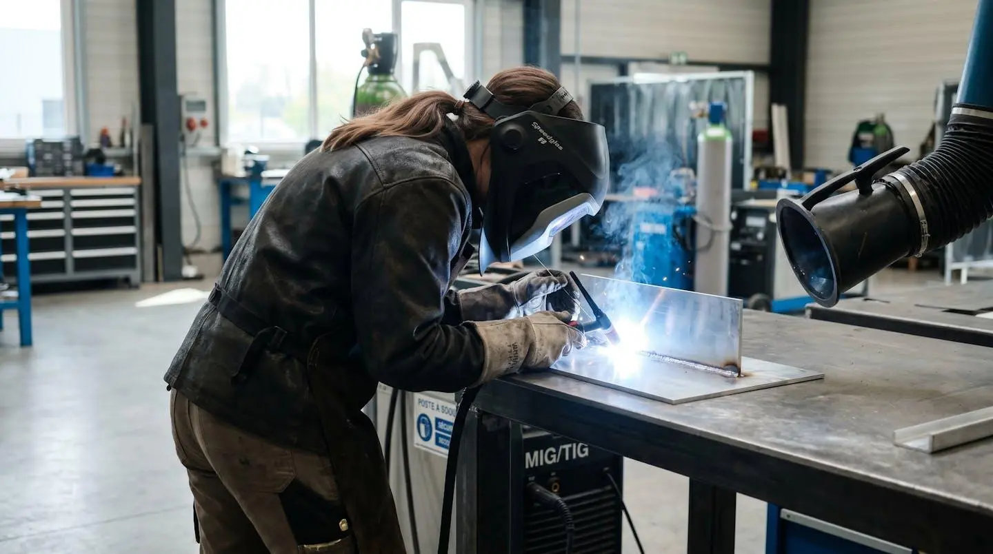 Soudeur en action de dos lors d'une soudure TIG sur pièce en aluminium, arc électrique visible dans un atelier moderne