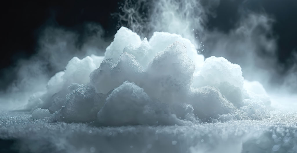 Gros plan macro sur des billes de glace carbonique givrées posées sur une surface métallique propre avec un léger effet de vapeur
