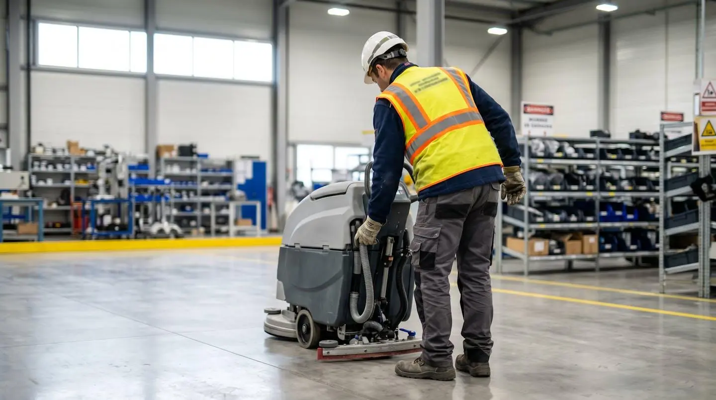 Technicien de maintenance vu de dos portant casque, gants et gilet de sécurité, préparant un équipement dans un environnement industriel propre et lumineux