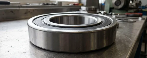 Deux techniciens de maintenance inspectent un roulement à billes sur une table de travail dans un atelier industriel moderne et lumineux