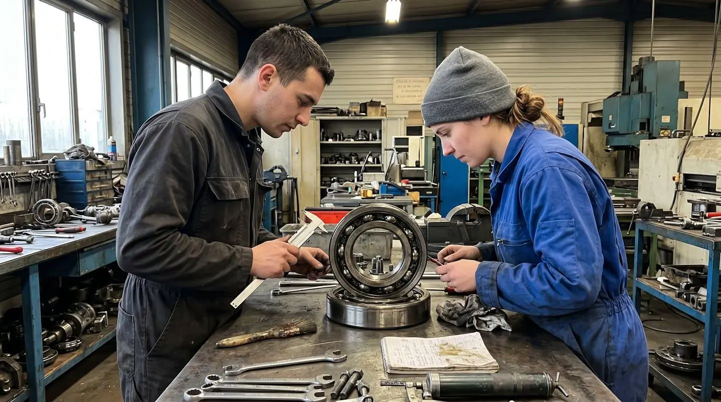Deux techniciens de maintenance inspectent un roulement à billes sur une table de travail dans un atelier industriel moderne et lumineux