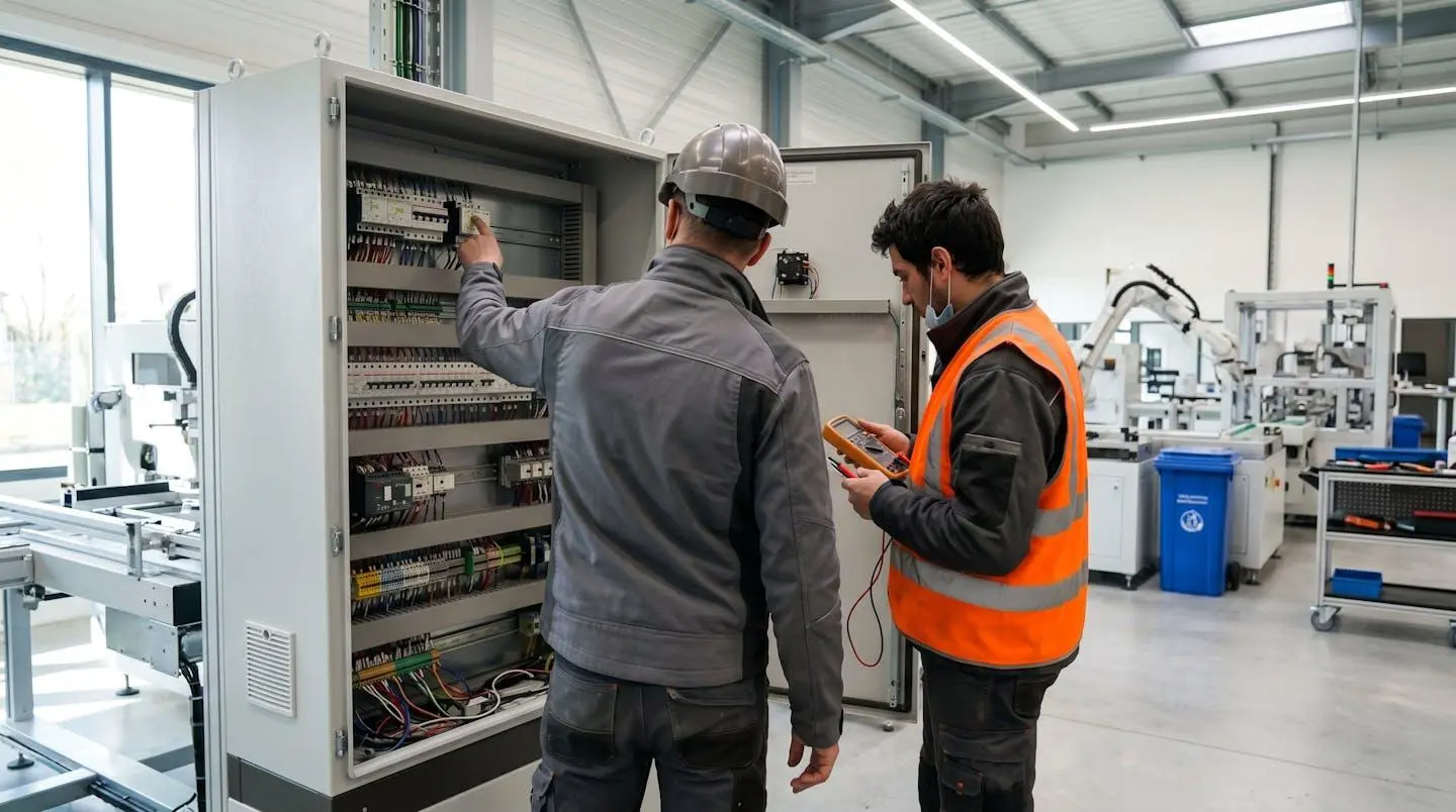 Deux techniciens de maintenance vus de dos examinent une armoire de contrôle électrique ouverte dans un atelier industriel moderne lumineux