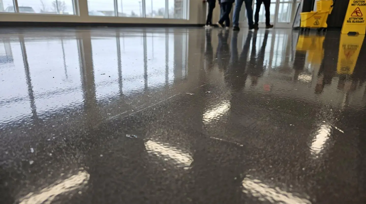 Gros plan sur la texture lisse et brillante d'un plancher époxy commercial montrant les reflets de lumière naturelle
