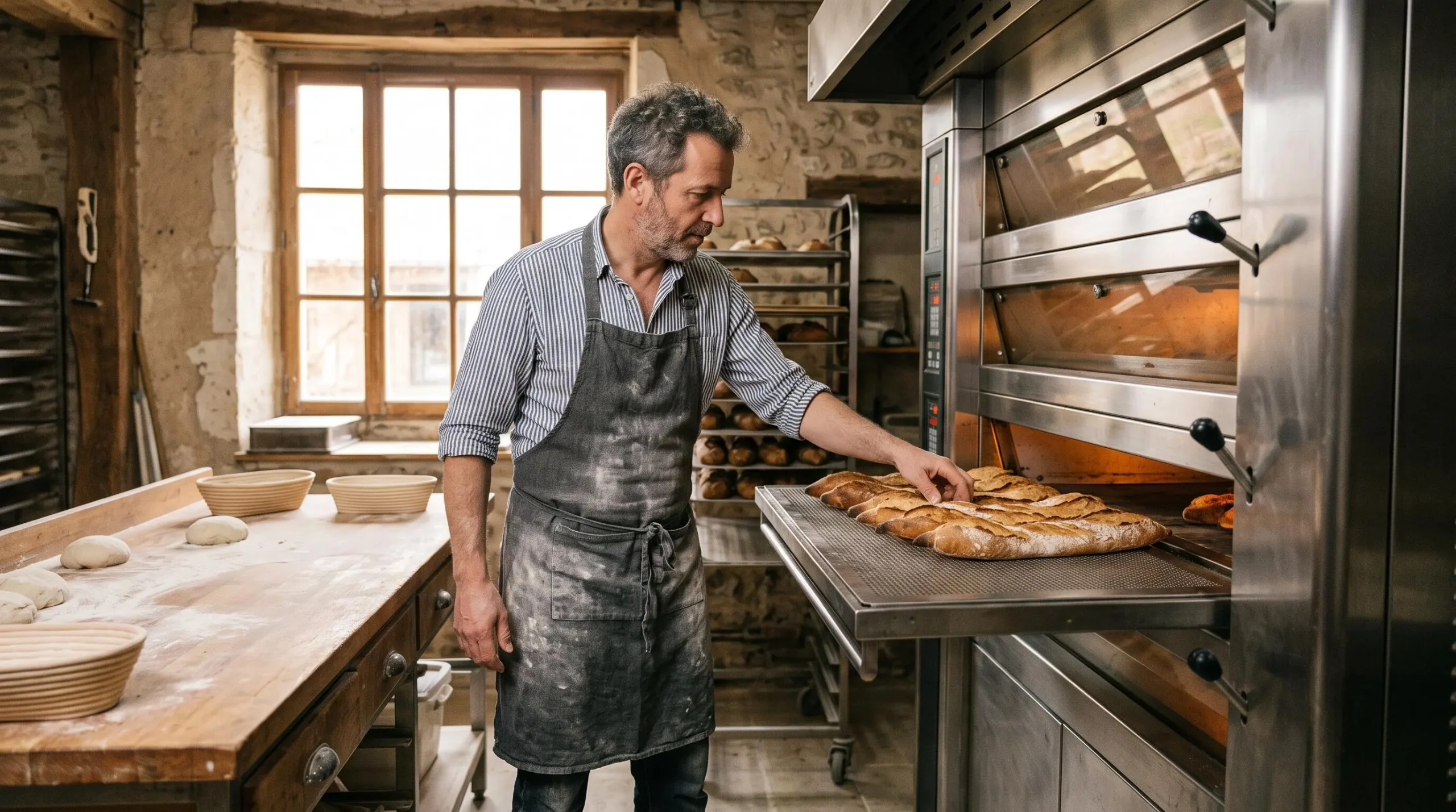 Un artisan boulanger utilise un nouvel équipement professionnel dans son atelier traditionnel, exemple de projet de modernisation artisanale éligible aux subventions.