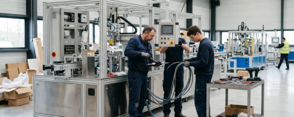 Deux techniciens installent une nouvelle ligne de production dans un atelier industriel français, exemple concret d'un projet d'investissement soutenu par les subventions au développement.