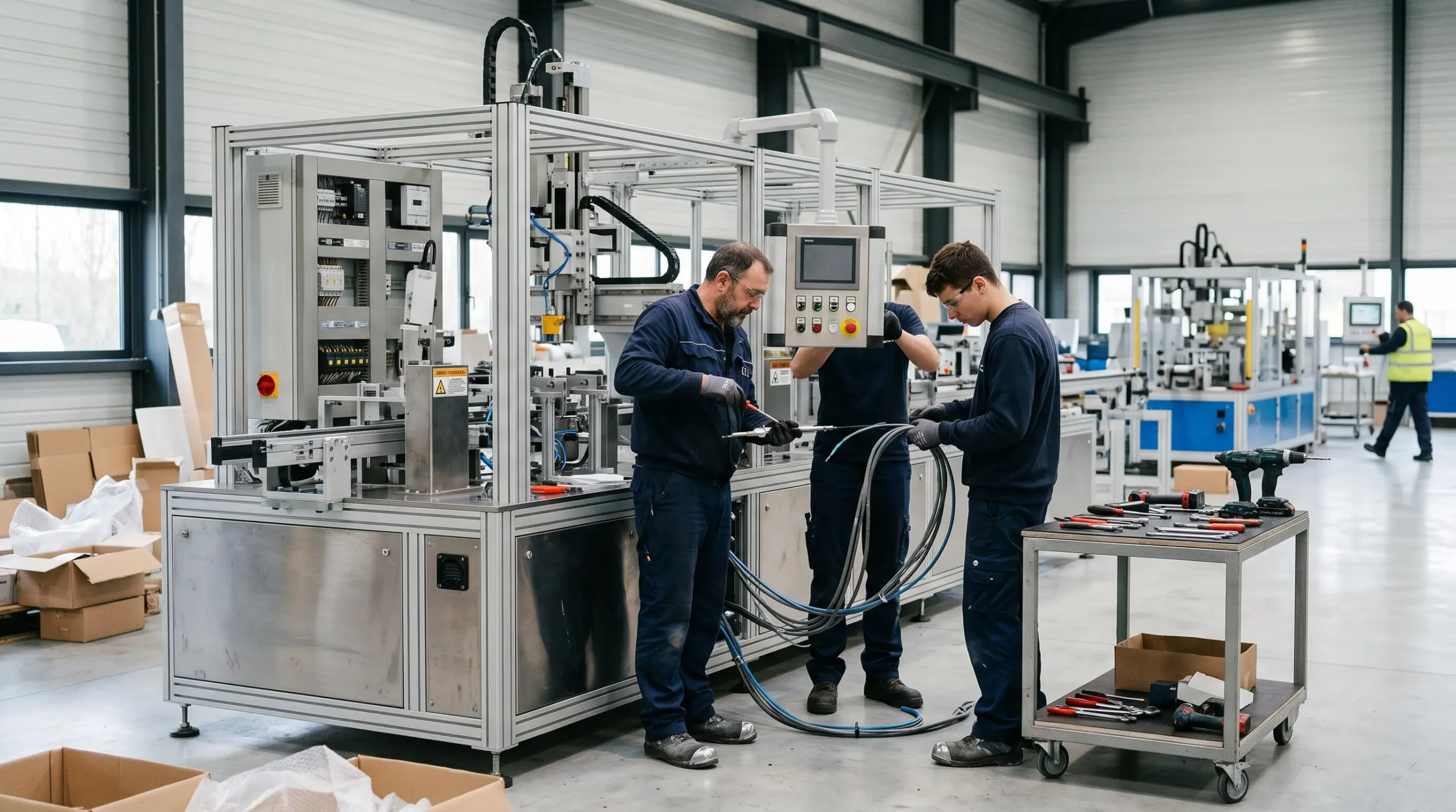 Deux techniciens installent une nouvelle ligne de production dans un atelier industriel français, exemple concret d'un projet d'investissement soutenu par les subventions au développement.