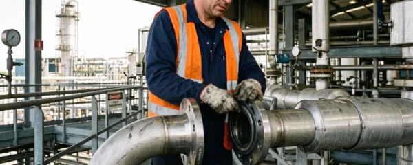 Technicien installant un joint semi-métallique sur une bride de tuyauterie haute pression dans une raffinerie pétrochimique