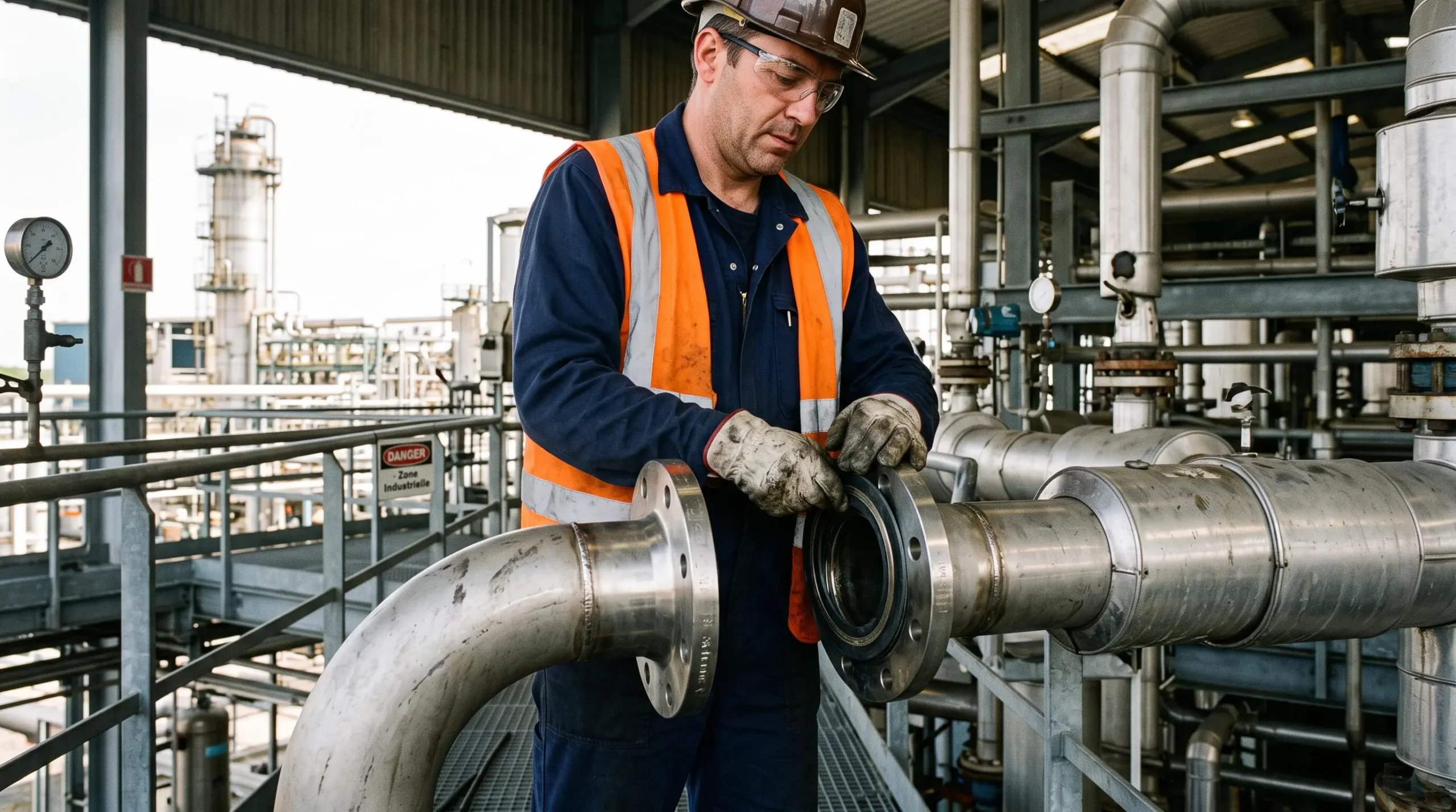 Technicien installant un joint semi-métallique sur une bride de tuyauterie haute pression dans une raffinerie pétrochimique