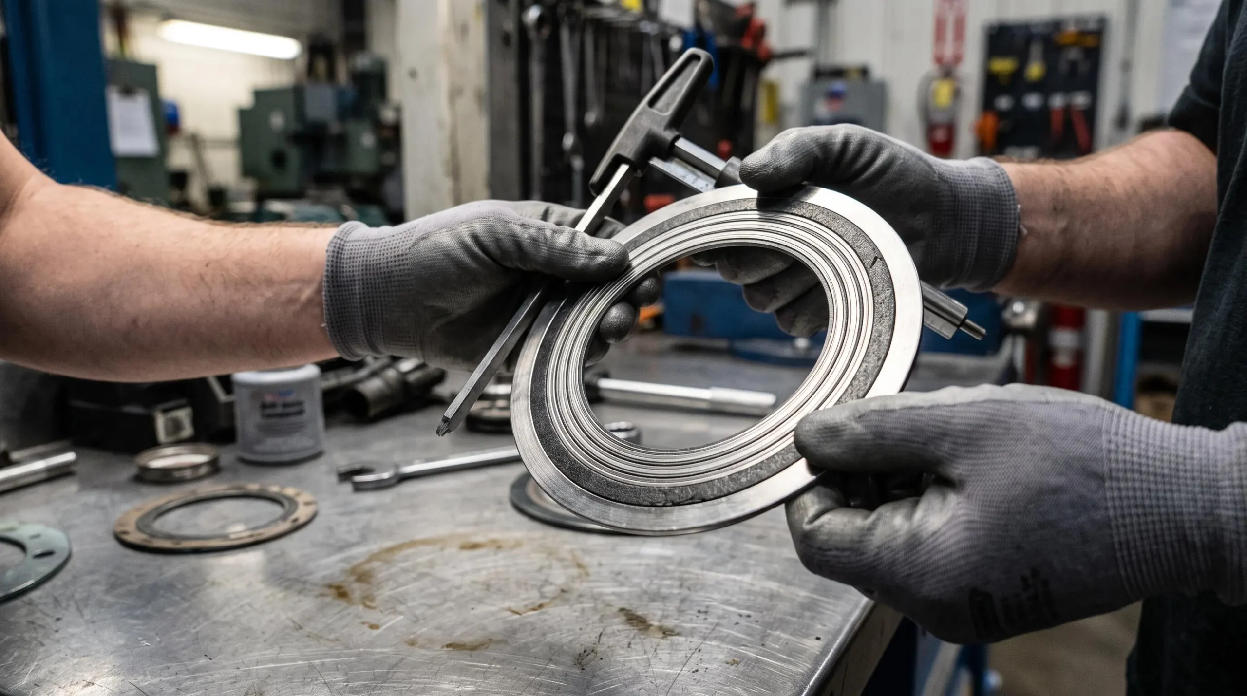 Gros plan sur un joint semi-métallique spiralé montrant sa structure hybride avec alternance de bandes métalliques et matériau de remplissage