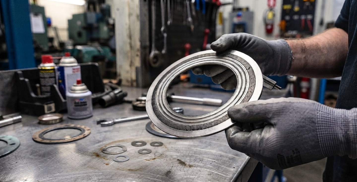 Gros plan sur un joint semi-métallique spiralé montrant sa structure hybride avec alternance de bandes métalliques et matériau de remplissage