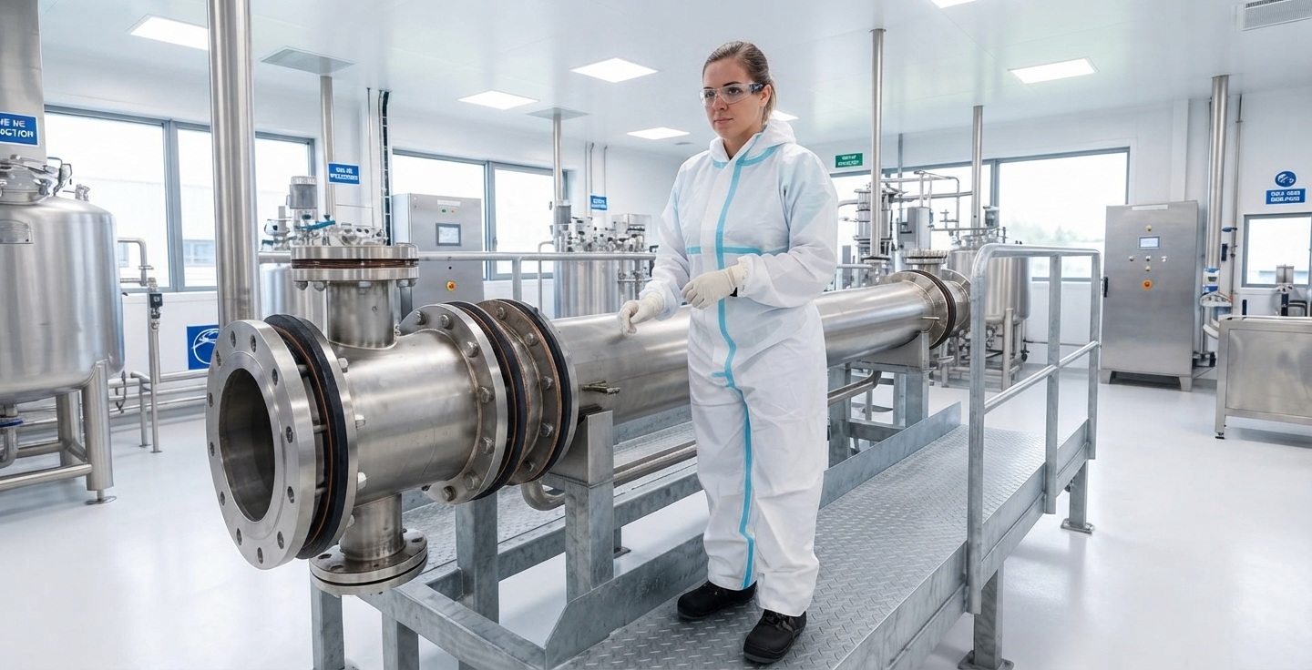 Technicienne effectuant un contrôle qualité avec clé dynamométrique sur les brides d'un échangeur thermique équipé de joints semi-métalliques dans une installation chimique